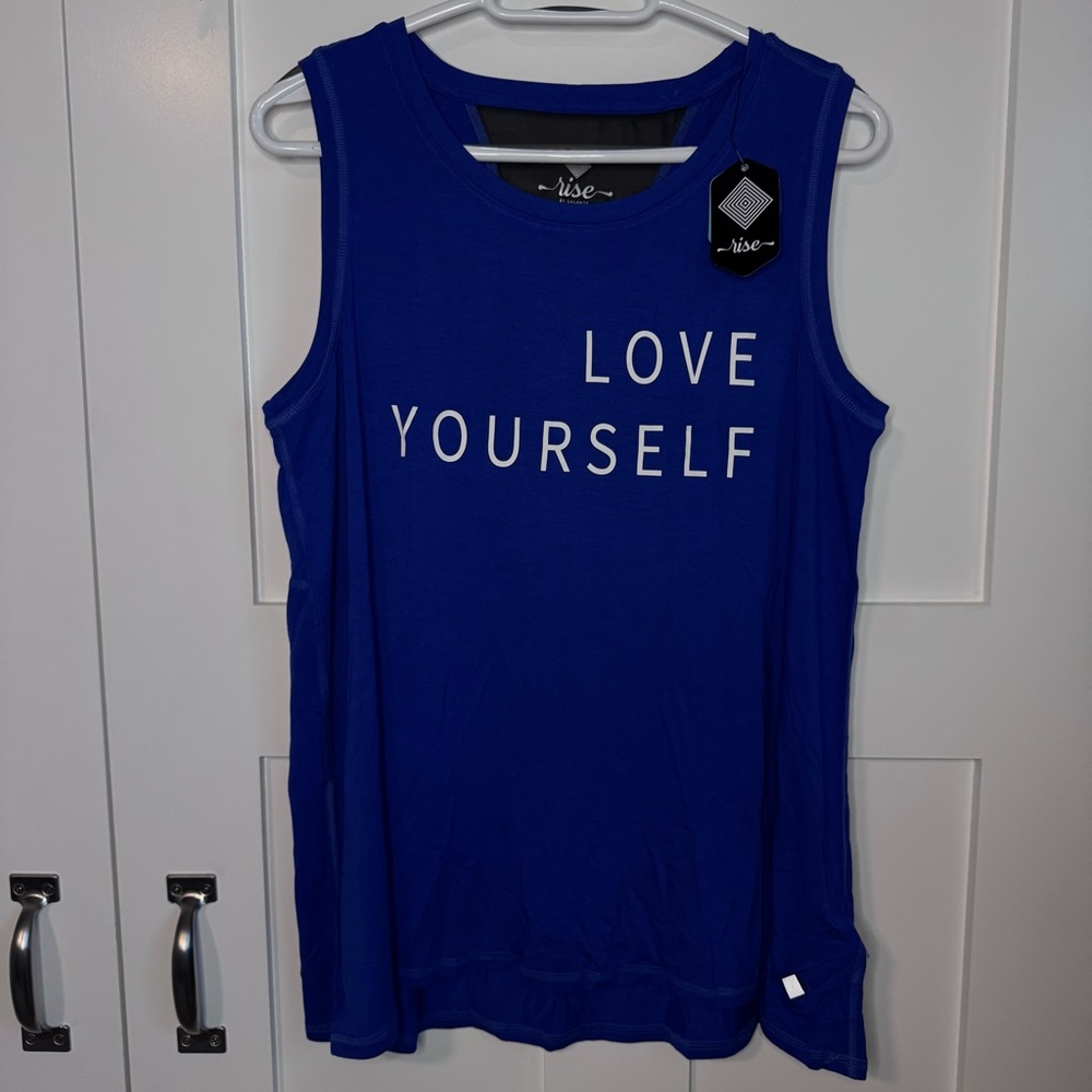 NWT LuLaRoe Rise Blue Tank Top with Black‎ Mesh Love Yourself Size Large